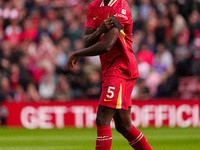 Liverpool's Ibrahima Konate during the Premier League match between Liverpool and Nottingham Forest at Anfield in Liverpool, England, on Sep...