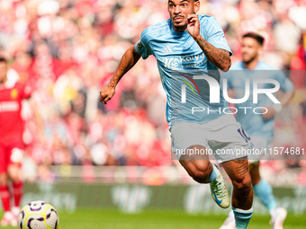 Nottingham Forest's Morgan Gibbs White is in action during the Premier League match between Liverpool and Nottingham Forest at Anfield in Li...