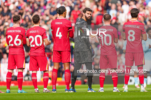 Alisson Becker of Liverpool turns around during the line-ups before the Premier League match between Liverpool and Nottingham Forest at Anfi...