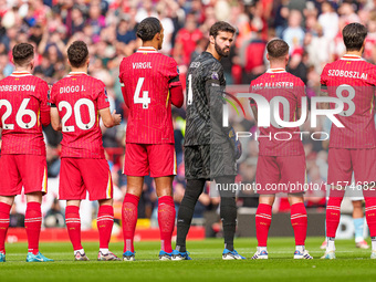 Alisson Becker of Liverpool turns around during the line-ups before the Premier League match between Liverpool and Nottingham Forest at Anfi...