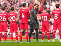 Alisson Becker of Liverpool turns around during the line-ups before the Premier League match between Liverpool and Nottingham Forest at Anfi...