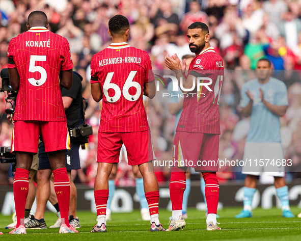 Mohamed Salah of Liverpool turns around during the line-ups before the Premier League match between Liverpool and Nottingham Forest at Anfie...