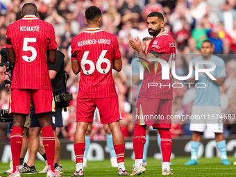 Mohamed Salah of Liverpool turns around during the line-ups before the Premier League match between Liverpool and Nottingham Forest at Anfie...