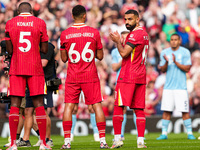 Mohamed Salah of Liverpool turns around during the line-ups before the Premier League match between Liverpool and Nottingham Forest at Anfie...