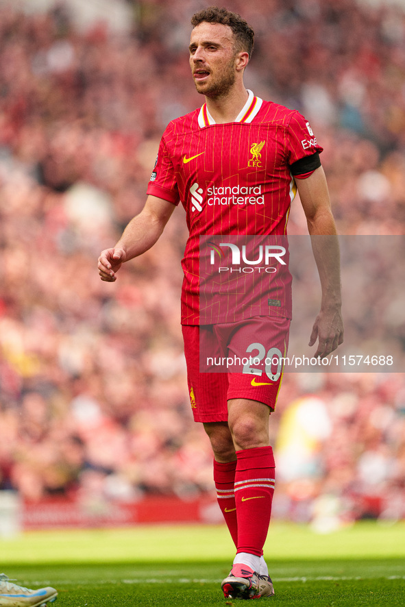 Liverpool's Diogo Jota is in action during the Premier League match between Liverpool and Nottingham Forest at Anfield in Liverpool, England...