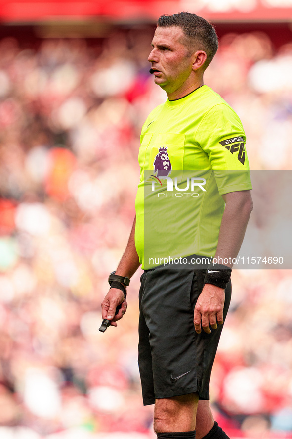 Match referee Michael Oliver during the Premier League match between Liverpool and Nottingham Forest at Anfield in Liverpool, England, on Se...