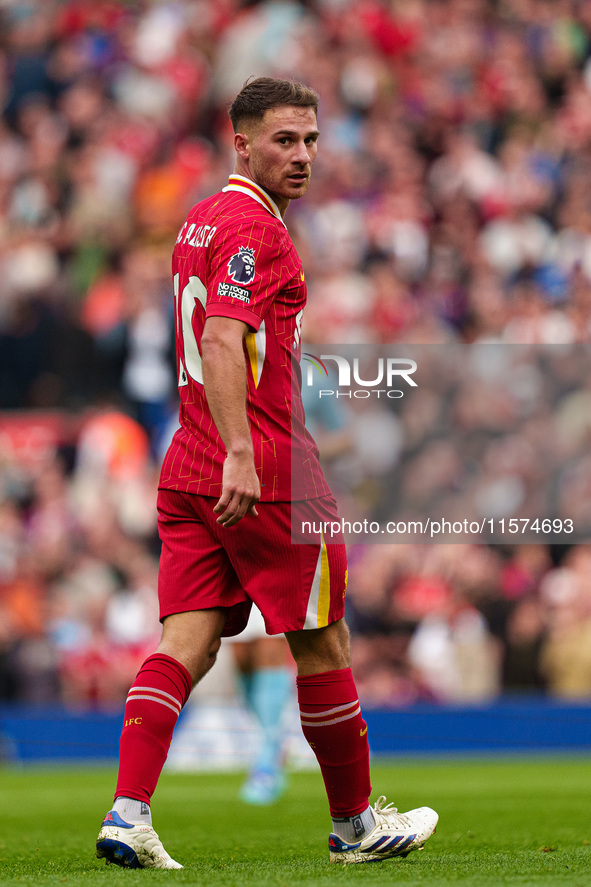 Liverpool's Alexis Mac Allister is in action during the Premier League match between Liverpool and Nottingham Forest at Anfield in Liverpool...