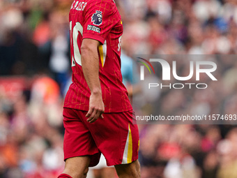 Liverpool's Alexis Mac Allister is in action during the Premier League match between Liverpool and Nottingham Forest at Anfield in Liverpool...