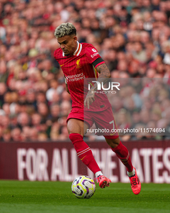 Liverpool's Luis Diaz is in action during the Premier League match between Liverpool and Nottingham Forest at Anfield in Liverpool, England,...