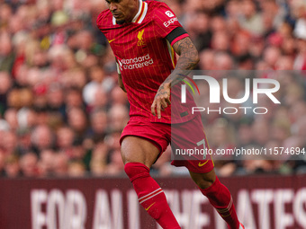 Liverpool's Luis Diaz is in action during the Premier League match between Liverpool and Nottingham Forest at Anfield in Liverpool, England,...