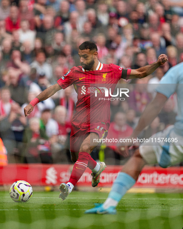 Liverpool's Mohamed Salah shoots at goal during the Premier League match between Liverpool and Nottingham Forest at Anfield in Liverpool, En...