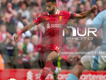 Liverpool's Mohamed Salah shoots at goal during the Premier League match between Liverpool and Nottingham Forest at Anfield in Liverpool, En...