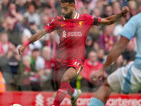 Liverpool's Mohamed Salah shoots at goal during the Premier League match between Liverpool and Nottingham Forest at Anfield in Liverpool, En...