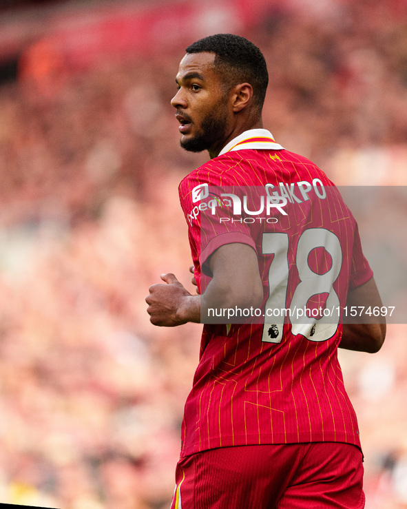 Liverpool's Cody Gakpo is in action during the Premier League match between Liverpool and Nottingham Forest at Anfield in Liverpool, England...