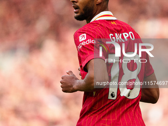 Liverpool's Cody Gakpo is in action during the Premier League match between Liverpool and Nottingham Forest at Anfield in Liverpool, England...