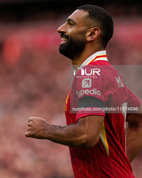 Liverpool's Mohamed Salah is in action during the Premier League match between Liverpool and Nottingham Forest at Anfield in Liverpool, Engl...