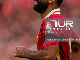 Liverpool's Mohamed Salah is in action during the Premier League match between Liverpool and Nottingham Forest at Anfield in Liverpool, Engl...