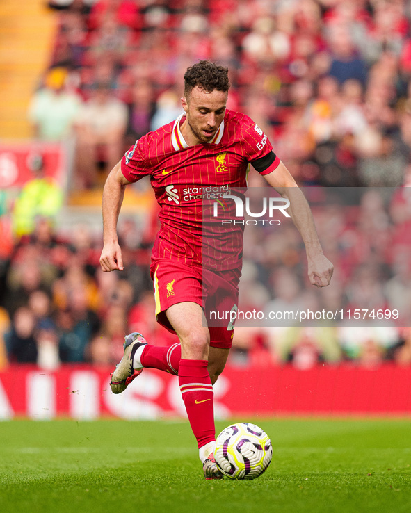 Liverpool's Diogo Jota is in action during the Premier League match between Liverpool and Nottingham Forest at Anfield in Liverpool, England...