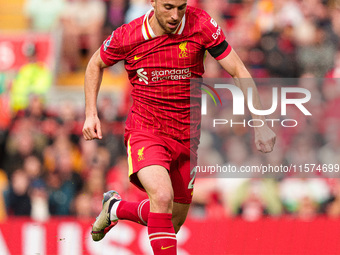 Liverpool's Diogo Jota is in action during the Premier League match between Liverpool and Nottingham Forest at Anfield in Liverpool, England...