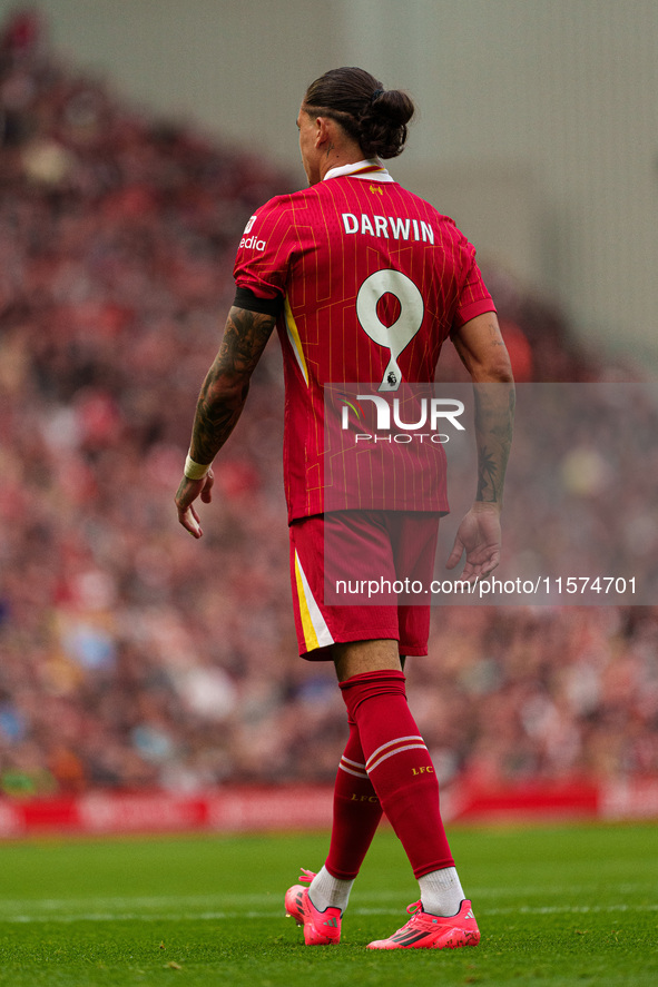 Liverpool's Darwin Nunez during the Premier League match between Liverpool and Nottingham Forest at Anfield in Liverpool, England, on Septem...