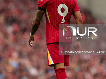 Liverpool's Darwin Nunez during the Premier League match between Liverpool and Nottingham Forest at Anfield in Liverpool, England, on Septem...