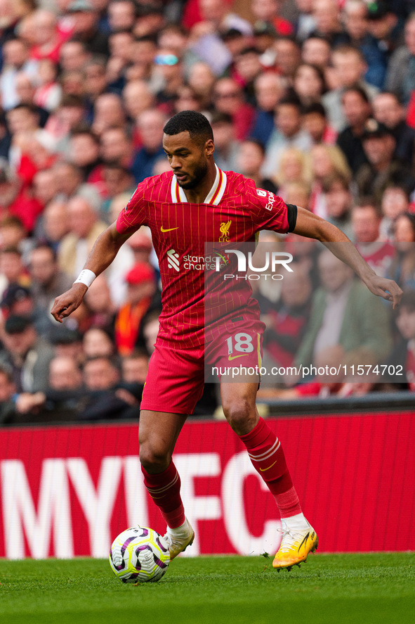 Liverpool's Cody Gakpo is in action during the Premier League match between Liverpool and Nottingham Forest at Anfield in Liverpool, England...