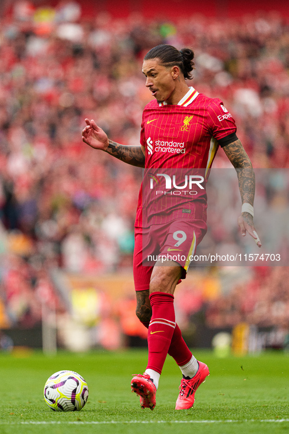 Liverpool's Darwin Nunez is in action during the Premier League match between Liverpool and Nottingham Forest at Anfield in Liverpool, Engla...