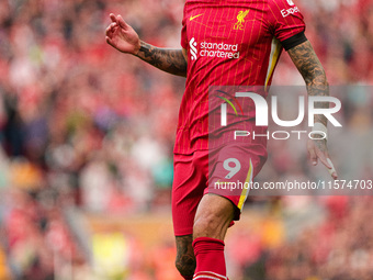 Liverpool's Darwin Nunez is in action during the Premier League match between Liverpool and Nottingham Forest at Anfield in Liverpool, Engla...