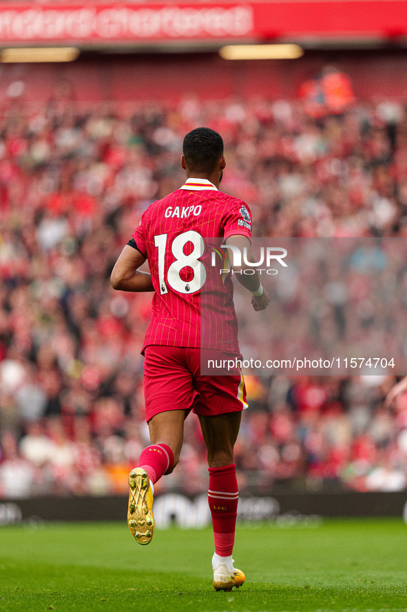 Liverpool's Cody Gakpo during the Premier League match between Liverpool and Nottingham Forest at Anfield in Liverpool, England, on Septembe...