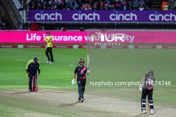 Lewis Gregory of Somerset celebrates his half-century during the final between Somerset CCC and Gloucestershire CCC at the Vitality Blast Fi...