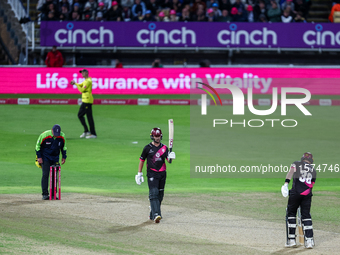 Lewis Gregory of Somerset celebrates his half-century during the final between Somerset CCC and Gloucestershire CCC at the Vitality Blast Fi...