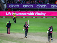 Lewis Gregory of Somerset celebrates his half-century during the final between Somerset CCC and Gloucestershire CCC at the Vitality Blast Fi...