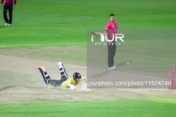 Cameron Bancroft of Gloucestershire survives an attempted run out during the final between Somerset CCC and Gloucestershire CCC at the Vital...