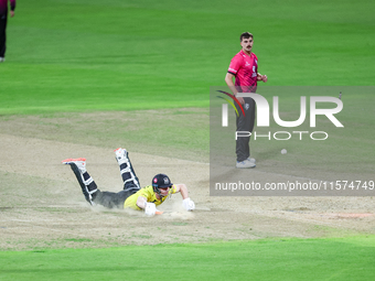 Cameron Bancroft of Gloucestershire survives an attempted run out during the final between Somerset CCC and Gloucestershire CCC at the Vital...