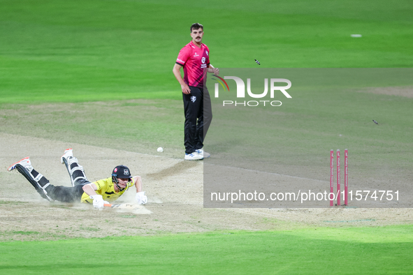 Cameron Bancroft of Gloucestershire survives an attempted run out during the final between Somerset CCC and Gloucestershire CCC at the Vital...