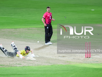 Cameron Bancroft of Gloucestershire survives an attempted run out during the final between Somerset CCC and Gloucestershire CCC at the Vital...