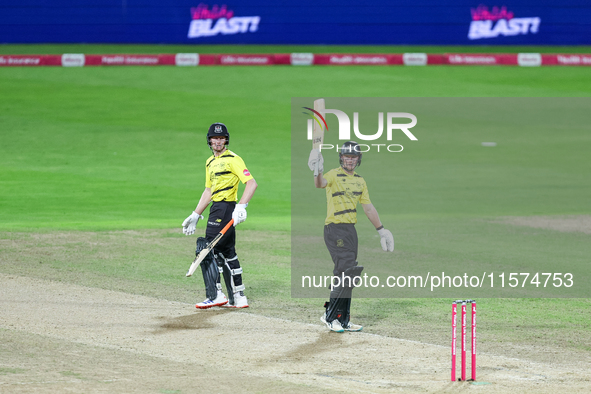 Miles Hammond of Gloucestershire celebrates his half-century during the final between Somerset CCC and Gloucestershire CCC at the Vitality B...