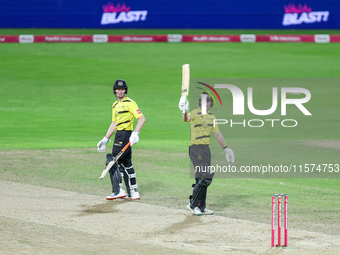 Miles Hammond of Gloucestershire celebrates his half-century during the final between Somerset CCC and Gloucestershire CCC at the Vitality B...