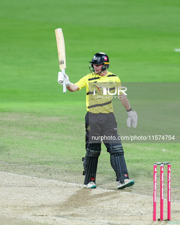 Miles Hammond of Gloucestershire celebrates his half-century during the final between Somerset CCC and Gloucestershire CCC at the Vitality B...