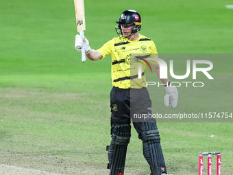 Miles Hammond of Gloucestershire celebrates his half-century during the final between Somerset CCC and Gloucestershire CCC at the Vitality B...