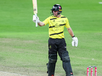 Miles Hammond of Gloucestershire celebrates his half-century during the final between Somerset CCC and Gloucestershire CCC at the Vitality B...