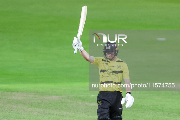 Miles Hammond of Gloucestershire celebrates his half-century during the final between Somerset CCC and Gloucestershire CCC at the Vitality B...