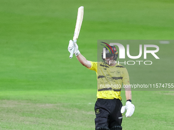 Miles Hammond of Gloucestershire celebrates his half-century during the final between Somerset CCC and Gloucestershire CCC at the Vitality B...