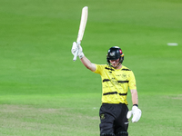 Miles Hammond of Gloucestershire celebrates his half-century during the final between Somerset CCC and Gloucestershire CCC at the Vitality B...