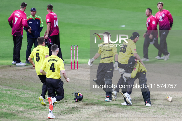 Gloucestershire players celebrate the victory during the final between Somerset CCC and Gloucestershire CCC at the Vitality Blast Finals Day...