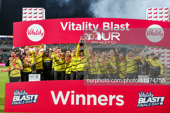 Gloucestershire win the 2024 Final between Somerset CCC and Gloucestershire CCC at the Vitality Blast Finals Day at Edgbaston Cricket Ground...