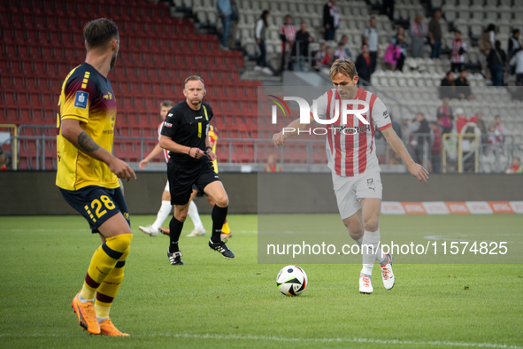 Mikkel Maigaard participates in the game between KS Cracovia and Pogon Szczecin in Krakow, Poland, on September 14, 2024. PKO BP Ekstraklasa...