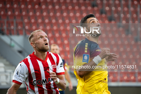 Efthymios Koulouris and Mick van Buren play during the game between KS Cracovia and Pogon Szczecin in Krakow, Poland, on September 14, 2024....