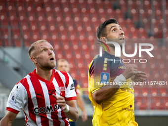 Efthymios Koulouris and Mick van Buren play during the game between KS Cracovia and Pogon Szczecin in Krakow, Poland, on September 14, 2024....