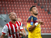 Efthymios Koulouris and Mick van Buren play during the game between KS Cracovia and Pogon Szczecin in Krakow, Poland, on September 14, 2024....